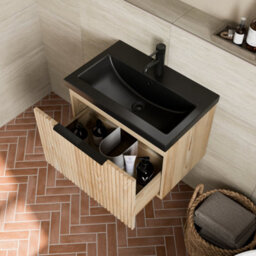 Affine 600mm Fluted Wall Hung Bathroom Vanity Unit Wood Black Ceramic Basin Soft Close - thumbnail 3
