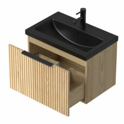 Affine 600mm Fluted Wall Hung Bathroom Vanity Unit Wood Black Ceramic Basin Soft Close - thumbnail 5