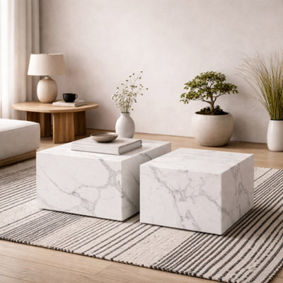 Wyld Haus Munkebo Set Of 2 White Carrara Marble-Effect Square Coffee Tables - image 1