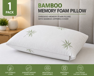 Bamboo Memory Foam Pillow 60 X 40 X 13Cm With Bamboo Zipped Cover, Shredded Memory Foam Bed Pillow, Medium Support, Flat Packed - image 1