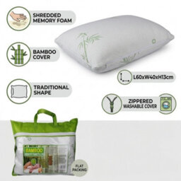 Bamboo Memory Foam Pillow 60 X 40 X 13Cm With Bamboo Zipped Cover, Shredded Memory Foam Bed Pillow, Medium Support, Flat Packed - thumbnail 5