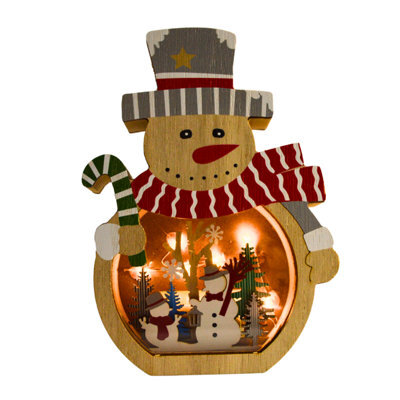Snowtime Wooden Christmas Decoration Warm White Led Light Up Festive Snowman Scene 20Cm - image 1