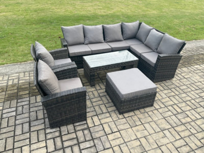 Fimous Rattan Corner Sofa Garden Furniture Set With Big Footstool Rectangular Coffee Table 2 Armchairs With Cushion Dark Grey - image 1