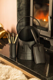 3 Piece Black Fireside Set With Coal Bucket, Matchstick Canister And Shovel
