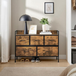 Chest Of Drawers For Bedroom, 5 Fabric Drawers With Handles, Storage Organiser Unit, Rustic Brown And Ink Black