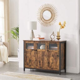 Sideboard Cabinet With Glass Doors, Industrial Buffet Storage Unit With Steel Frame, Rustic Brown
