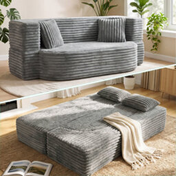 2 In 1 Double Sofa Convertible Floor Sofa Bed,soft Grey Deep Seat Lounge Sofa In Breathable Corduroy Fabric, Upholstered Low Couch - thumbnail 2
