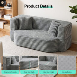 2 In 1 Double Sofa Convertible Floor Sofa Bed,soft Grey Deep Seat Lounge Sofa In Breathable Corduroy Fabric, Upholstered Low Couch - thumbnail 6