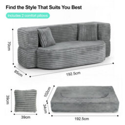 2 In 1 Double Sofa Convertible Floor Sofa Bed,soft Grey Deep Seat Lounge Sofa In Breathable Corduroy Fabric, Upholstered Low Couch - thumbnail 3