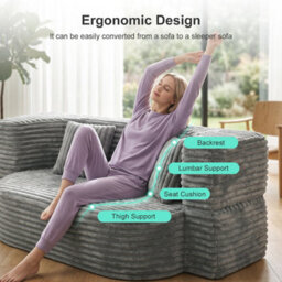 2 In 1 Double Sofa Convertible Floor Sofa Bed,soft Grey Deep Seat Lounge Sofa In Breathable Corduroy Fabric, Upholstered Low Couch - thumbnail 4