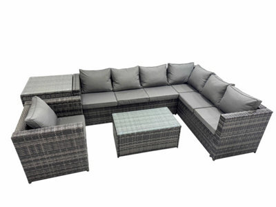 Fimous Outdoor Sofa Oblong Coffee Table Set Rattan Garden Furniture Set With Chair Side Table Dark Grey Mixed - image 1