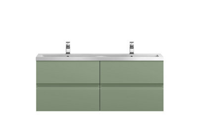 Hudson Reed Urban Satin Green Wall Hung 4 Drawer Vanity Unit And Double Basin With Silent Close, 540 X 1205 X 383 - image 1