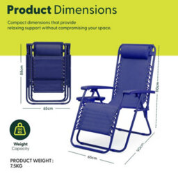 Keplin Standard Model Of Gravity Chair 110X65X90Cm, 2Pk Adjustable Reclining Zero Gravity Lounger For Garden & Patio, Navy Blue - thumbnail 2