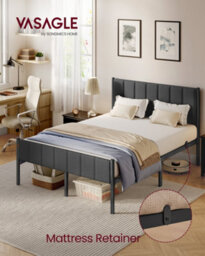Vasagle Double Bed Frame, 135 X 190 Cm, With Upholstered Headboard, Metal Bed Frame, 500 Kg Weight Capacity, Slate Grey