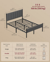 LEDREM Double Bed Frame, 135 X 190 Cm, With Upholstered Headboard, Metal Bed Frame, 500 Kg Weight Capacity, Easy Assembly, Slate Grey - thumbnail 6