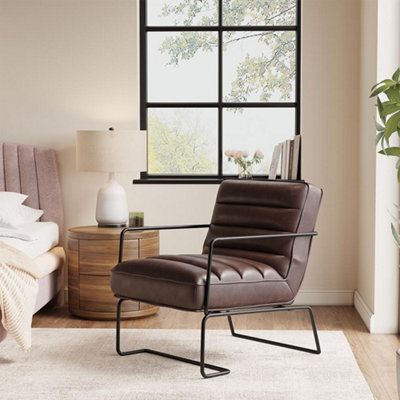 Darphe Mid-Century Pu Leather Linen Armchair With Metal Base - image 1