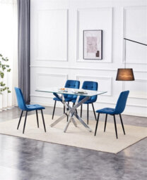 Kosy Koala Modern Rectangle Glass Dining Table Set With 4 Blue Velvet Chairs Dining Room Furniture