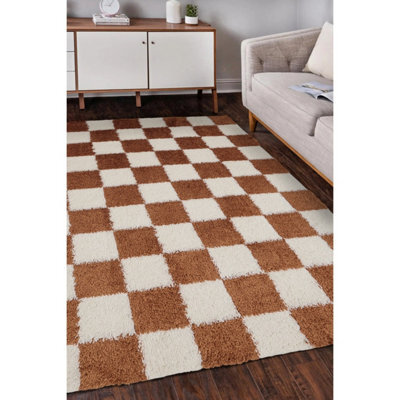 Melrose Super Soft Venus Shaggy Snuggly Checked Orange Area Rug 120/170Cm - image 1