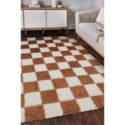 Melrose Super Soft Venus Shaggy Snuggly Checked Orange Area Rug 120/170Cm - thumbnail 1