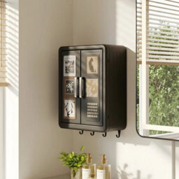 Large  Black 2-Door Wall Cabinet Makeup Organizer Home Storage Floating Cupboard Hanging Unit - thumbnail 4