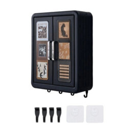Large  Black 2-Door Wall Cabinet Makeup Organizer Home Storage Floating Cupboard Hanging Unit - thumbnail 1