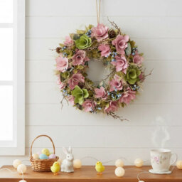Urbn-Living Urbnliving 34Cm Pink Green & Twigs Hanging Door Wreath Round Spring Easter Christmas Wall Décor Traditional Festive - thumbnail 7