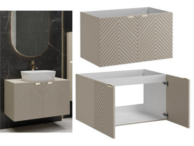 Impact Furniture Bathroom Vanity Unit 800mm Wall Hung Sink Cabinet Floating Fluted Cashmere Beige Doors Cara - image 1
