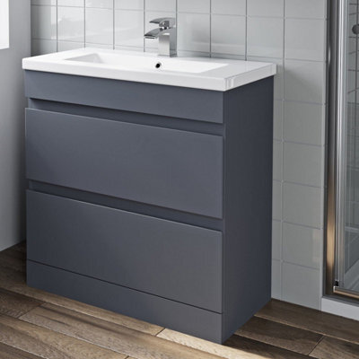 Affine 800mm Bathroom Vanity Unit Basin Storage 2 Drawer Cabinet Furniture Grey Gloss - image 1