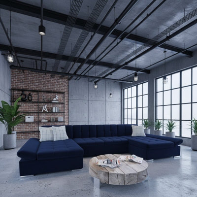 Alia Living Room Sleeper Corner Sofa Polyurethane Foam Wave Spring Wood Frame 360X160X75Cm Blue And Checked Cushions - image 1