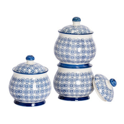 Nicola Spring Patterned Sugar Bowls With Lid - Navy - 3X Porcelain Hand Printed Sugar Pot China Kitchen Storage Jar Container - image 1
