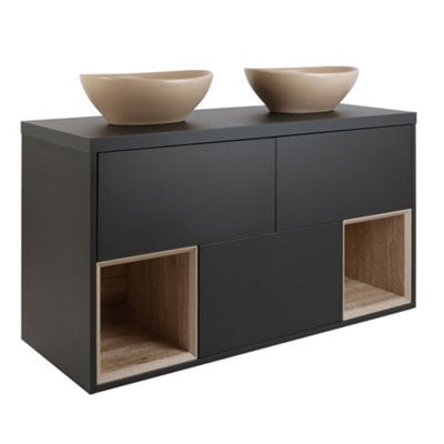 Homestylestore Black Grey 1200mm Wall Hung Bathroom Vanity Unit Oval Sand Countertop Basins Open Shelves - image 1