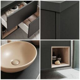 Homestylestore Black Grey 1200mm Wall Hung Bathroom Vanity Unit Oval Sand Countertop Basins Open Shelves - thumbnail 2