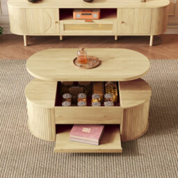 Btm Coffee Table With Lift-Up Top, Curved Wooden Sides, Storage Shelf, Living Room Table - thumbnail 4