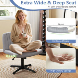 Costway Cross-Legged Swivel Desk Chair Armless Vanity Chair With Wide Seat-Grey - thumbnail 6