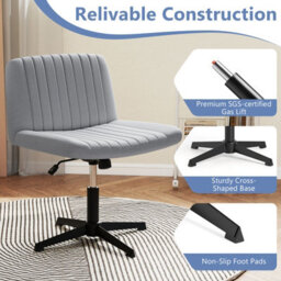 Costway Cross-Legged Swivel Desk Chair Armless Vanity Chair With Wide Seat-Grey - thumbnail 9