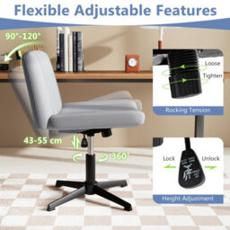 Costway Cross-Legged Swivel Desk Chair Armless Vanity Chair With Wide Seat-Grey - thumbnail 8