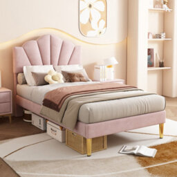 Btm Velvet Upholstered 3Ft Single Bed 90X190Cm, Shell Design, Gold Iron Legs, Pink - thumbnail 2