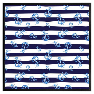 "Andrew Lee Blue Anchors On Navy Striped Background (Picutre Frame) / 12X12"" / Oak" - image 1