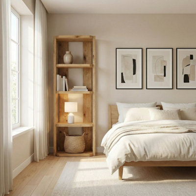 H175Xw45Xd29Cm Nesto Solid Wood Corner Bookshelf  Natural Finish Open Bookcase, Rustic Scandinavian - image 1
