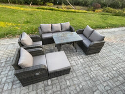 Fimous 8 Seater High Back Pe Rattan Sofa Set Outdoor Garden Furniture Dining Table Set With Reclining Chair For Terrace - thumbnail 1