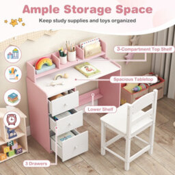 Costway Kids Study Desk And Chair Set Children Writing Desk W/ Hutch-Pink - thumbnail 9