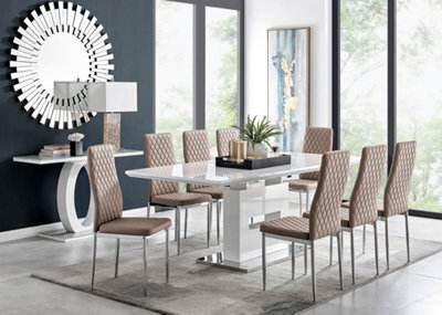 Furniturebox Arezzo White High Gloss Extending Dining Table & 8 Cappuccino Beige Milan Faux Leather Dining Chairs - image 1