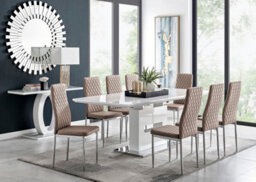 Furniturebox Arezzo White High Gloss Extending Dining Table & 8 Cappuccino Beige Milan Faux Leather Dining Chairs - thumbnail 1