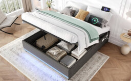 Matteo 5Ft King Grey Linen Hydraulic Ottoman Bed Frame With Smart Led Lights & Usb Charging Station - No Headboard Design - thumbnail 6