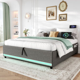 Matteo 5Ft King Grey Linen Hydraulic Ottoman Bed Frame With Smart Led Lights & Usb Charging Station - No Headboard Design - thumbnail 4