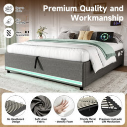 Matteo 5Ft King Grey Linen Hydraulic Ottoman Bed Frame With Smart Led Lights & Usb Charging Station - No Headboard Design - thumbnail 7