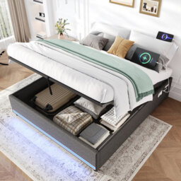 Matteo 5Ft King Grey Linen Hydraulic Ottoman Bed Frame With Smart Led Lights & Usb Charging Station - No Headboard Design - thumbnail 2