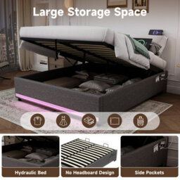 Matteo 5Ft King Grey Linen Hydraulic Ottoman Bed Frame With Smart Led Lights & Usb Charging Station - No Headboard Design - thumbnail 9