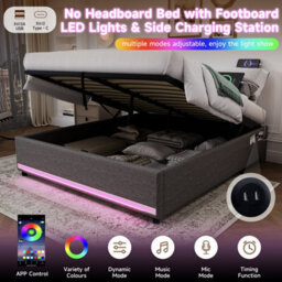 Matteo 5Ft King Grey Linen Hydraulic Ottoman Bed Frame With Smart Led Lights & Usb Charging Station - No Headboard Design - thumbnail 8