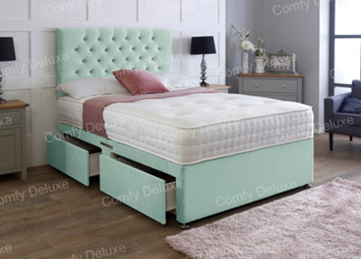 Comfy Deluxe 5Ft King Duck Egg  Plush Velvet Pocket Divan Bed & Chesterfield Headboard 4 Drawers